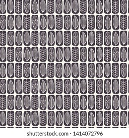 Floral ethnic leaf motif scandi style. Vector seamless pattern. Folk art nature carved block textiles swatch. Modern monochrome home decor. Isolated motif. Trendy plant leaves foliage all over print.