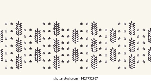 Floral ethnic leaf motif scandi style border. Folk art nature carved block textile ribbon trim. Modern monochrome home decor . Isolated motif. Trendy plant leaves foliage. Vector seamless background