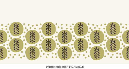 Floral ethnic leaf motif scandi style border. Folk art nature polka dot textile ribbon trim. Modern monochrome home decor . Isolated motif. Trendy plant leaves foliage. Vector seamless background