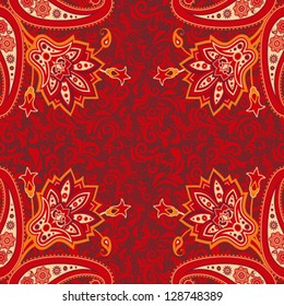 Floral ethnic ornamental paisley background in red