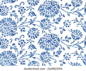 Floral ethnic pattern. classic Indian fabric.  Ethnic background with  stylized flowers.  Jeans, denim texture  pattern with Indian paisley ornament.