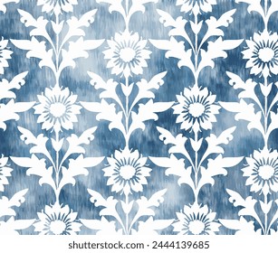 Ethnisches Blumenmuster. klassischer indischer Stoff. Ethnischer Hintergrund mit stilisierten Blumen. Jeans, Denim-Textur-Muster mit indischem Blumenblock-Print-Ornament.