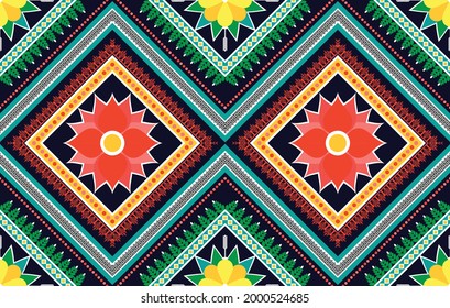 Blumenmuster, ethnisches Muster. Ikat Aztec Gewebe Teppich Mandala Ornament Stamm boho chevron Textil Dekoration. Geometrisches afroamerikanisches traditionelles Stickereidesign, Vektorgrafik-Hintergrund