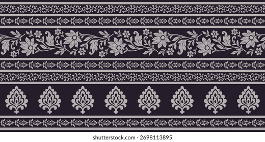 Patrón étnico floral con hojas elegantes y flores en rayas Horizontales creando hermoso diseño decorativo para textiles o Fondo de pantalla