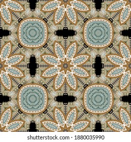 Floral ethnic seamless pattern. Vector ornamental colorful background. Repeat decorative patterned backdrop. Abstract folkloric ornaments. Beautiful ornate design with flowers, shapes, zigzag lines.