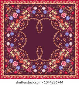 Floral ethnic shawl in russian style. Peacocks, roses, tulips, paisley border and little flowers on dark purple background. Vector summer design.