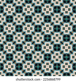 Floral ethnic style colorful seamless pattern. Geometric ornamental beautiful vector background. Repeat patterned ornate backdrop. Vintage flowers, geometry shapes, squares, crosses. Modern ornaments.