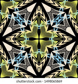 Floral ethnic style colorful vector seamless pattern. Ornamental symmetrical geometric design. Abstract flowers, shapes. Tribal patterned background. Decorative repeat elegance backdrop.