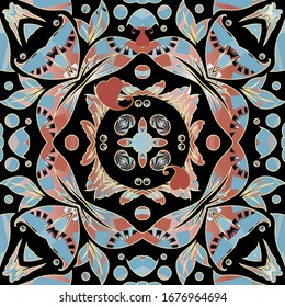 Floral ethnic style seamless pattern. Colorful ornamental Paisley flowers background. Abstract repeat decorative backdrop. Geometric shapes, circles, flowers, leaves. Ornate patterned design.