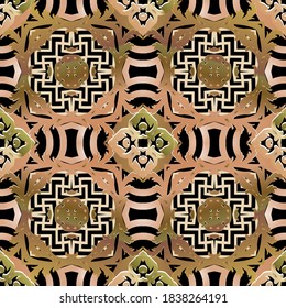 Estilo étnico floral sin fisuras. Antecedentes tribales ornamentales. Repetir el fondo coloreado vectorial. Ornamentos abstractos. Flores, líneas, formas, hojas. Llave griega, serpenteantes.  Bonito diseño ornamental.