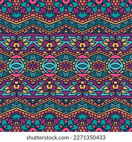 Floral ethnic tribal festive pattern. Abstract geometric colorful seamless mandala flower ornamental. Mexican psychdelic design doodle geometry