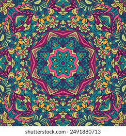 Floral ethnic tribal festive pattern. Abstract geometric star colorful seamless mandala flower ornamental. Mexican design. Geometric doodles and paisley medallion pattern.