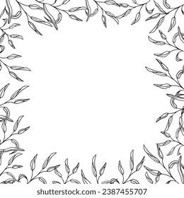 Floral eucalyptus banner square frame, line art hand drawn eucalyptus leaves, vector wreath illustration for card or wedding invitation. Isolated on white background.