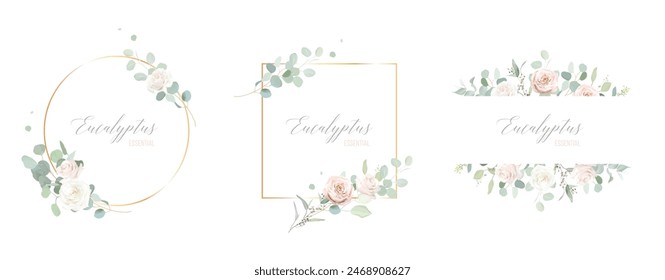 Floral eucalyptus and gold vector frames. Hand painted branches, leaves on white backgrounds. Greenery wedding simple minimalist invitations. Watercolor cards. All elements are isolated and editable