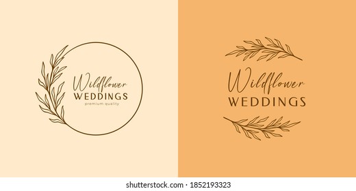 Floral Eucalyptus Label Set, Package. Wildflower Linear Logo Sketch. Floral Wreath Emblem Wedding Design. Outline Vintage Herbs In Modern Simple Style. Vector Illustration Isolated On Background