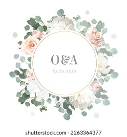 Floral eucalyptus selection vector frame. Hand painted branches, pink rose flowers, leaves on white background. Greenery wedding invitation. Watercolor style card. Elements are isolated and editable