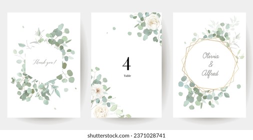 Floral eucalyptus selection vector frames. Hand painted branches, white flowers, leaves on white background. Greenery wedding invitations. Watercolor style cards. Elements are isolated and editable