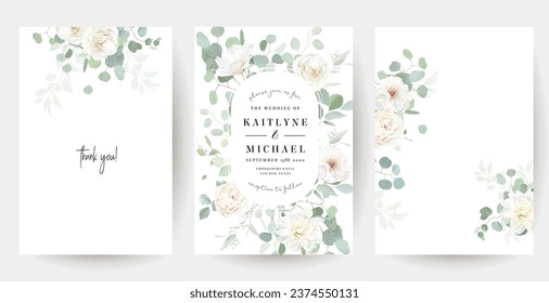 Floral eucalyptus selection vector frames. Hand painted branches, white flowers, leaves on white background. Greenery wedding invitations. Watercolor style cards. Elements are isolated and editable