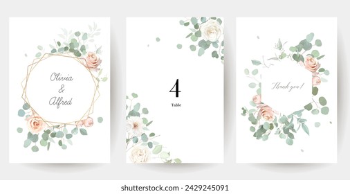 Floral eucalyptus selection vector frames. Hand painted branches, pink flowers, leaves on white background. Greenery wedding invitations. Watercolor style cards. Elements are isolated and editable