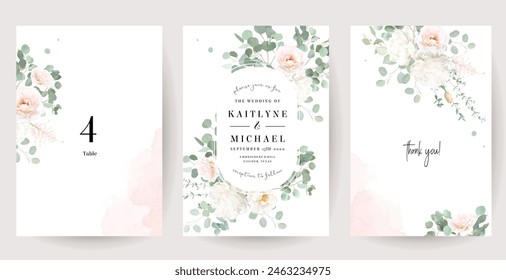 Floral eucalyptus selection vector frames. Hand painted branches, white flowers, leaves on white background. Greenery wedding invitations. Watercolor style cards. Elements are isolated and editable