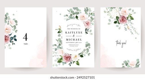 Floral eucalyptus selection vector frames. Hand painted branches, white flowers, leaves on white background. Greenery wedding invitations. Watercolor style cards. Elements are isolated and editable