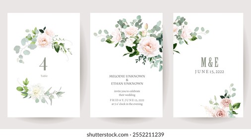 Floral eucalyptus selection vector frames. Hand painted branches, white flowers, leaves on white background. Greenery wedding invitations. Watercolor style cards. Elements are isolated and editable