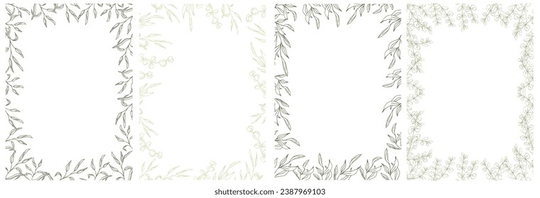 Marco de banner vertical de eucalipto floral, hojas de eucaliptos dibujadas a mano de arte de línea, ilustración de corona vectorial para invitación de tarjeta o boda. Aislado sobre fondo blanco.