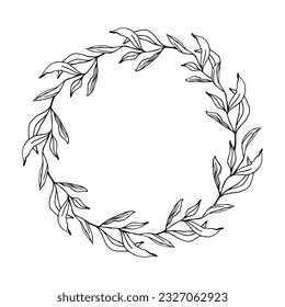 Floral eucalyptus wreath for card or  invitations. Vector line art frame, cutting file 