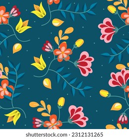 Floral exotic seamless pattern. hand-drawn flowers and leaves on dark background