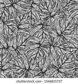 Floral exotic seamless pattern, Monstera leaves on gray background, Jungle, thickets, tropics. Ink line drawings.