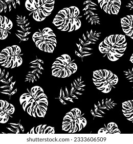 Floral exotic seamless pattern, monstera leaves on black background. Trendy summer print.