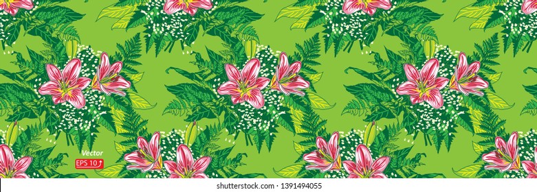Floral exotic seamless pattern wallpaper of tropical  leaves and flowers red pink  lily on green  background vector illustration