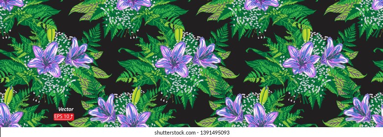 Floral exotic seamless pattern wallpaper of tropical  leaves and flowers violet blue  lily on black  background vector illustration