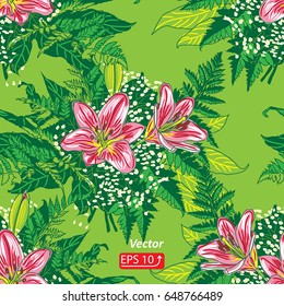 Floral exotic seamless pattern wallpaper of tropical  leaves and flowers red pink  lily on green  background vector illustration