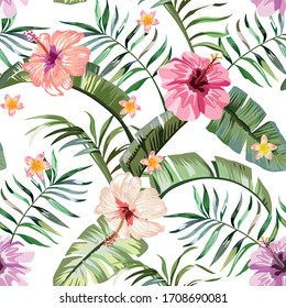 Floral exotic tropical seamless pattern tropic hawaiian wallpaper. Vivid hibiscus and plumeria (frangipani) flowers and green palm banana leaves on a white background. Beach backdrop repeating design.