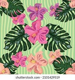 Papel de fondo hawaiano tropical floral exótico sin costuras de patrón trópico. Huella botánica. Fondo floral moderno