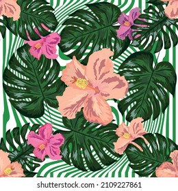 Floral exotic tropical seamless pattern tropic hawaiian wallpaper. Botanical print. Modern floral background