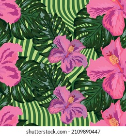 Papel de fondo hawaiano tropical floral exótico sin costuras de patrón trópico. Huella botánica. Fondo floral moderno