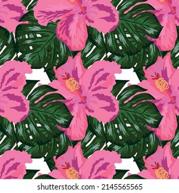 Floral exotic tropical seamless pattern tropic hawaiian wallpaper. Botanical print. Modern floral background.