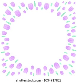 Floral explosion. Firework of the purple flowers and green herbs. Vector background with a border of the drawn tulips. Vector card with a cartoon frame and a round blank space for romantic greetings.