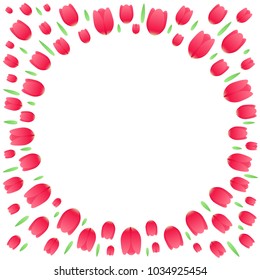 Floral explosion. Firework of the red tulips and green herbs. Spring template with a round flower border. Vector card with a dynamic frame and a round blank space for congratulations and greetings.