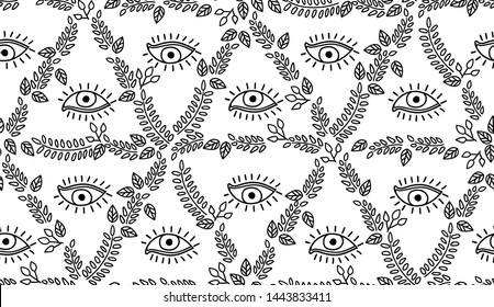 floral eye seamless black and white outline pattern