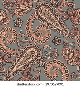 Floral fabric background with paisley ornament. Seamless vector pattern