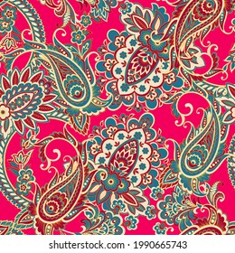 Floral fabric background with paisley ornament. Seamless vector pattern