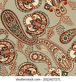 Floral fabric background with paisley ornament. Seamless vector pattern