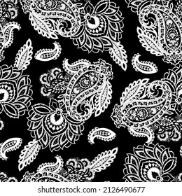 Floral fabric background with paisley ornament. Seamless vector pattern