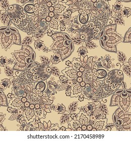Floral fabric background with paisley ornament. Seamless vector pattern