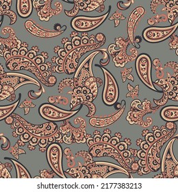 Floral fabric background with paisley ornament. Seamless vector pattern