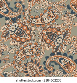 Floral fabric background with paisley ornament. Seamless vector pattern