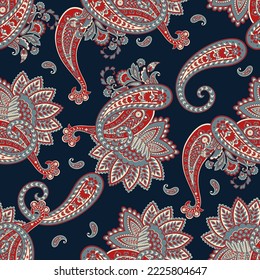 Floral fabric background with paisley ornament. Seamless vector pattern